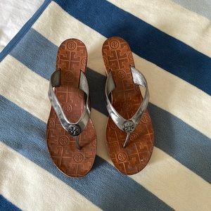 Tory Burch Thora Silver Patent Leather Embossed Logo Cork Wedge Sandal